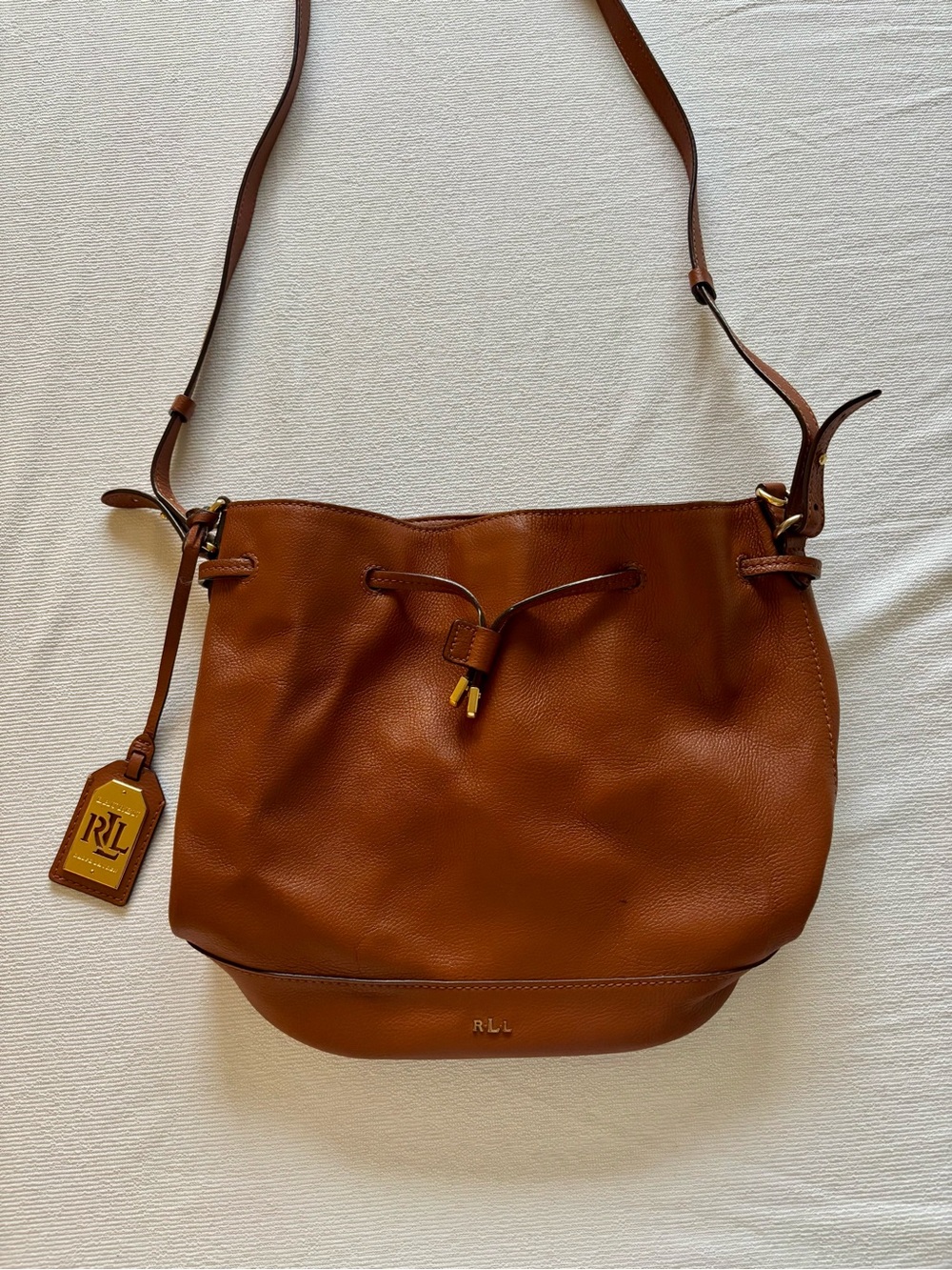 Ralph Lauren Cognac Pebbled Leather Drawstring Shoulder Bag